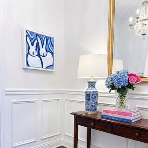 Blue Bunny Painting - Whimsical Blue & White Bunny Art